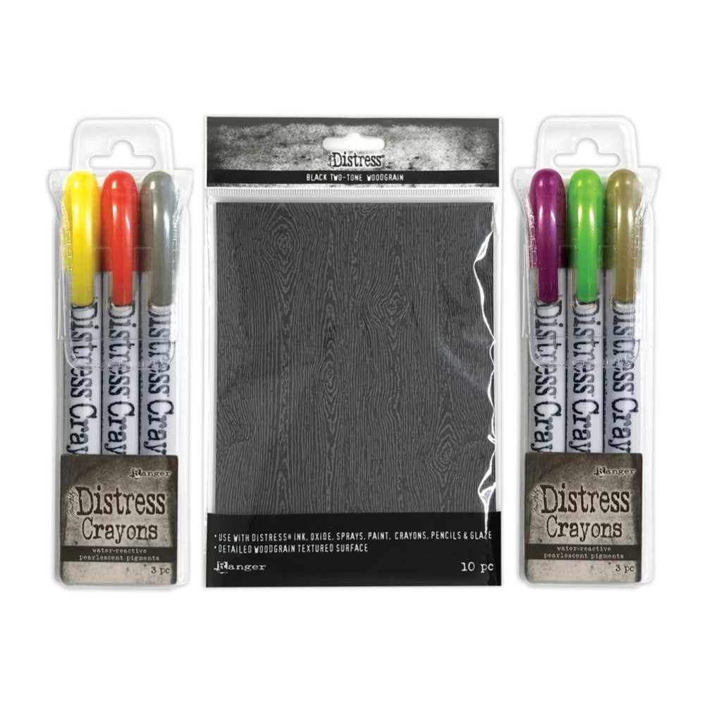 Tim Holtz Distress Halloween Pearl Crayons 3&4 & Black Woodgrain Cards