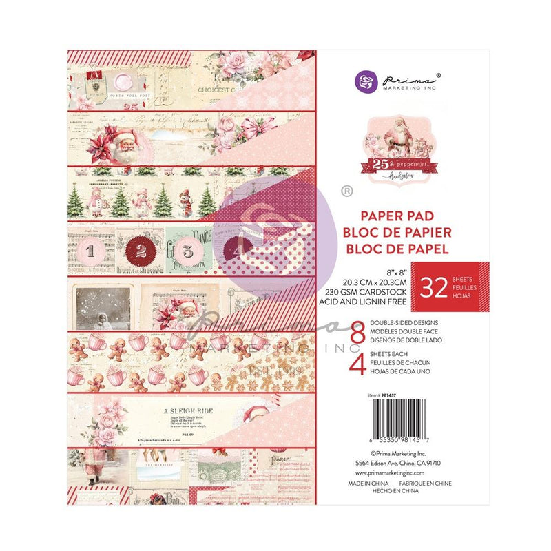 Prima Marketing D/S Paper Pad 8x8 32pc - 25 & Peppermint, 981457