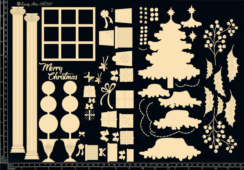 Dusty Attic Scene Mixed Chipboard – Christmas Tree with Shadow Box, DA3200