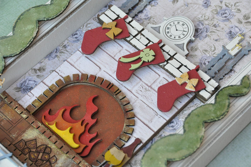 Dusty Attic Scene Mixed Chipboard – Christmas Fireplace with Shadow Box, DA3202