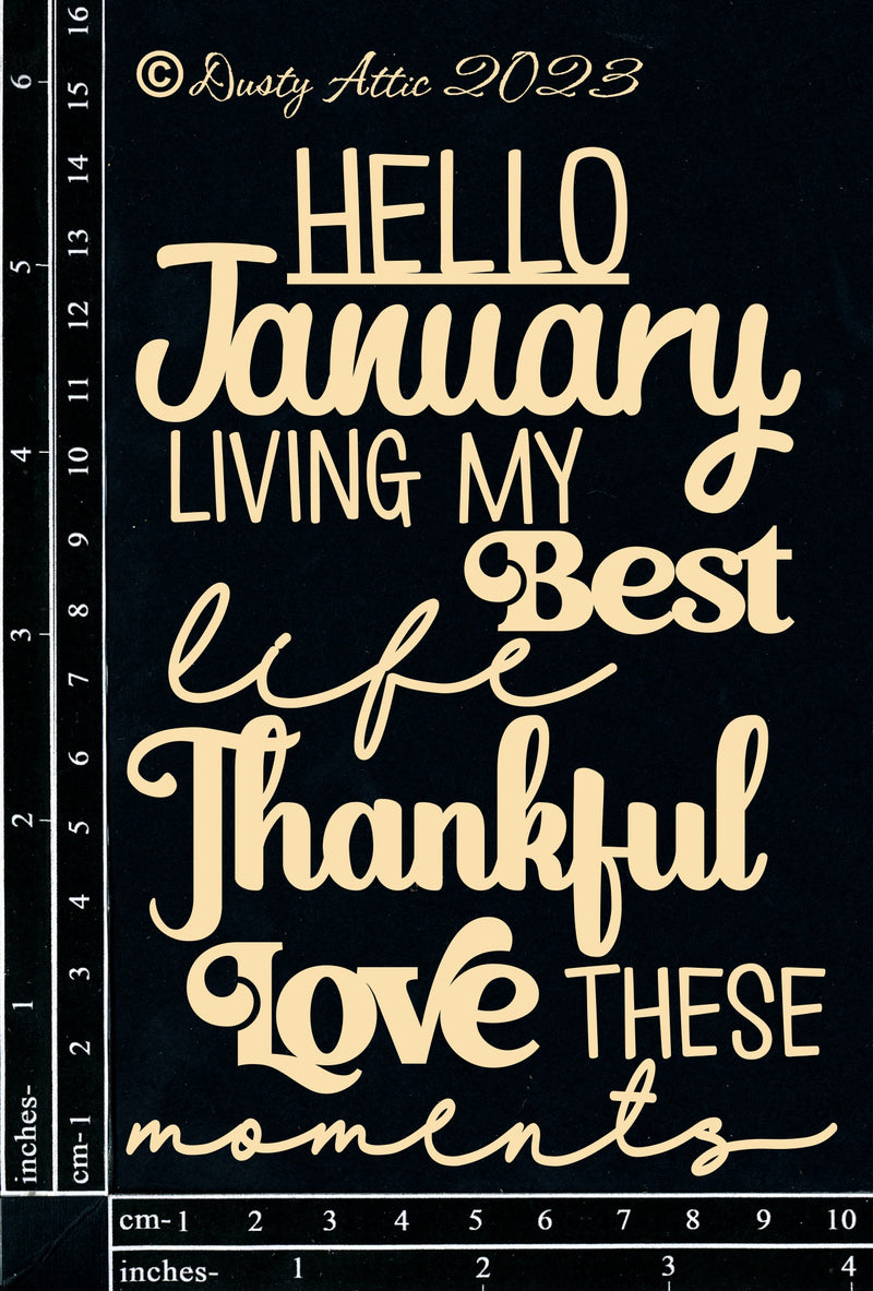 Dusty Attic Chipboard 4x6 - Hello January, DA3496