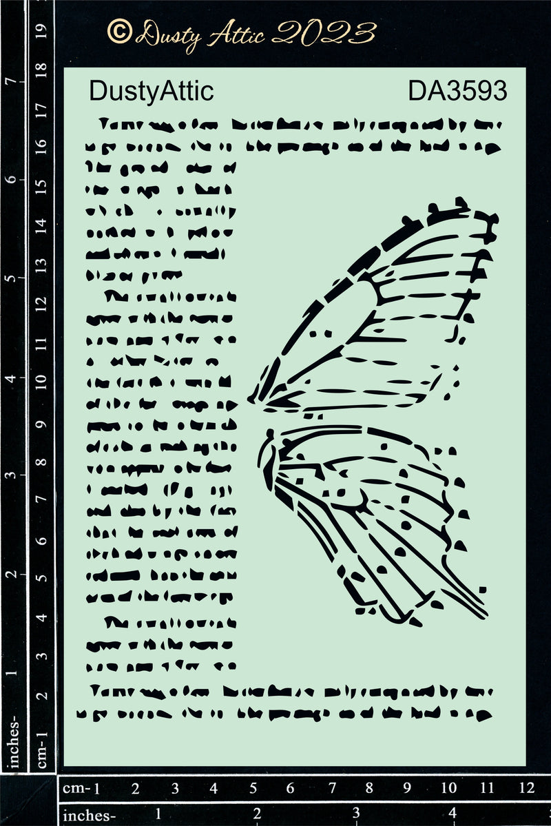 Dusty Attic Stencil 5x7 - Winged Script, DA3593