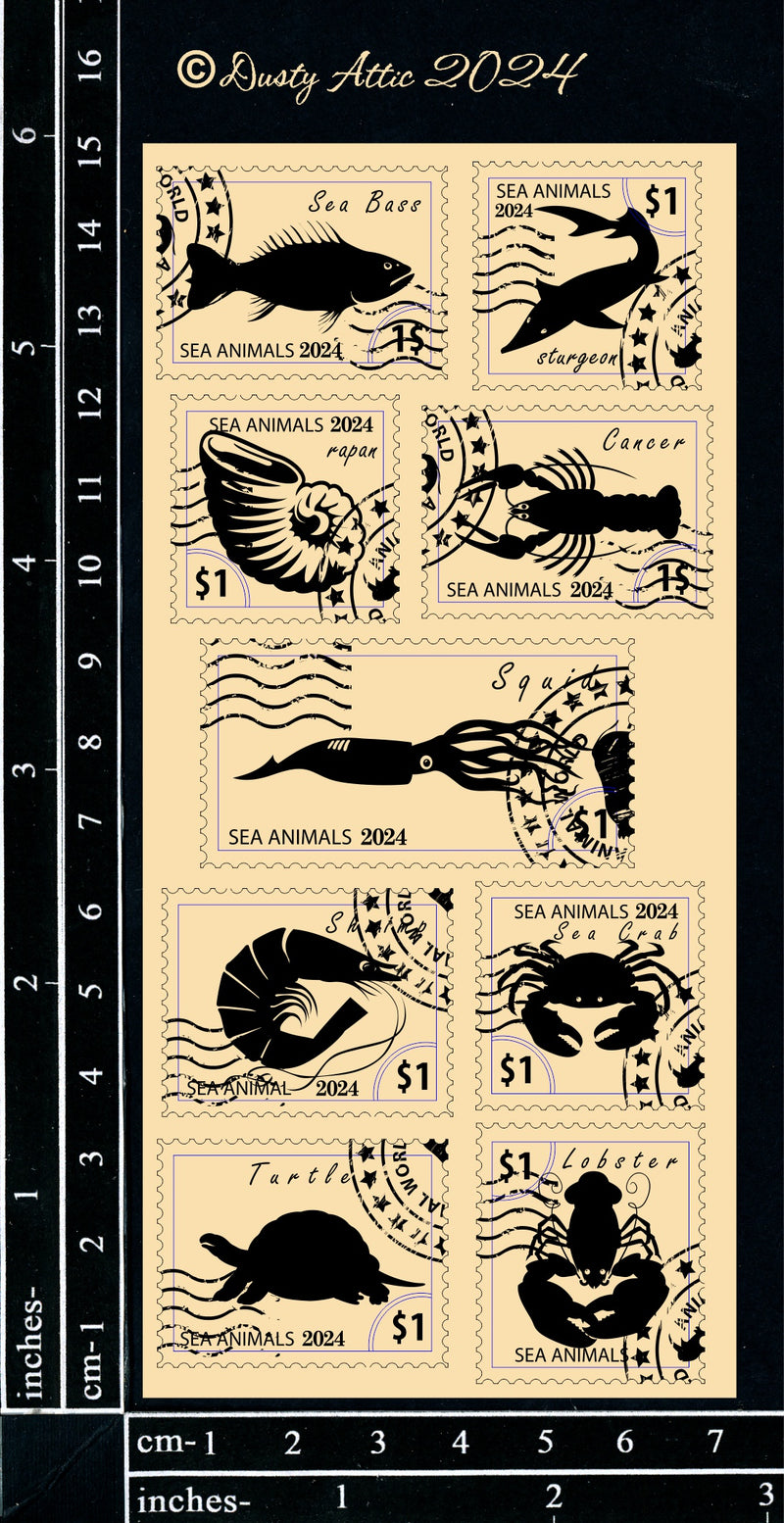 Dusty Attic Chipboard 3x6 - Postage Stamps - Sea Animals, DA3732