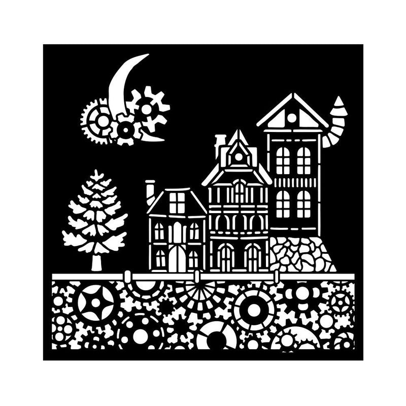 Stamperia 7x7 Stencil- Gear Up for Christmas Houses, KSTDQ129