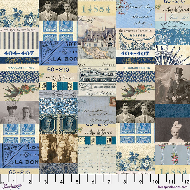 Coming Soon - Free Spirit - Eclectic Elements Palette - Indigo Collage, PWTH290.INDIGO.5 cut in 1/2yd increments Tim Holtz