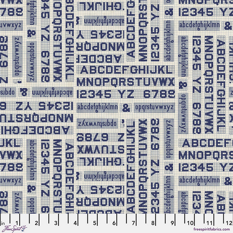 Coming Soon - Free Spirit - Eclectic Elements Palette - Indigo Typography, PWTH295.INDIGO.5 cut in 1/2yd increments Tim Holtz