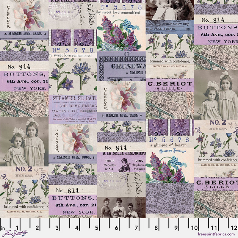 Free Spirit - Eclectic Elements Palette - Purple Collage, PWTH300.PURPLE0.5 cut in 1/2yd increments Tim Holtz