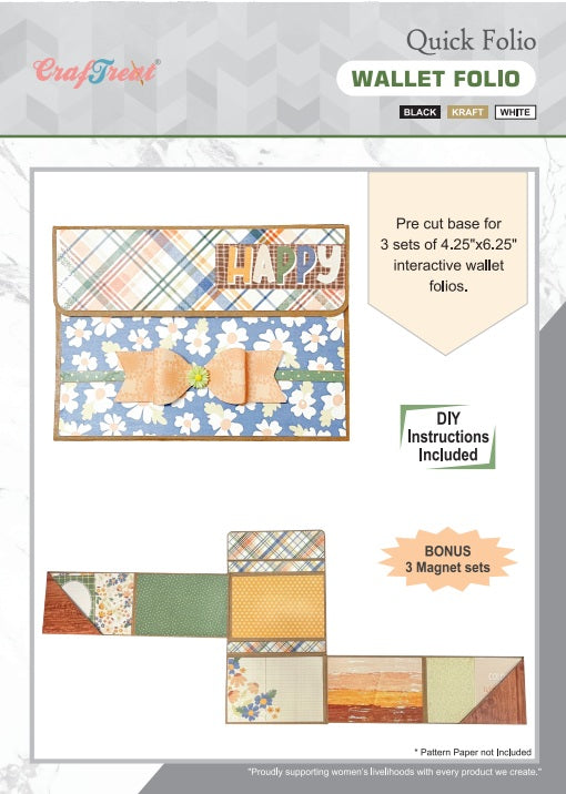 CrafTreat Scrapbook Blank Quick Folios - Wallet - Black, Kraft and White, CQF001