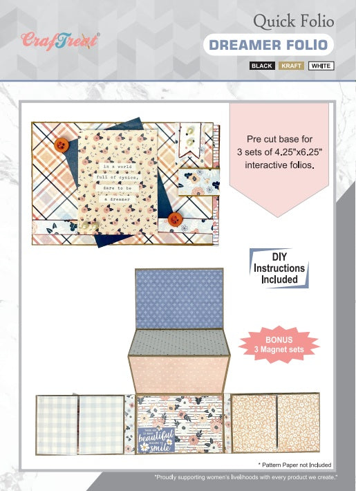 CrafTreat Scrapbook Blank Quick Folios - Dreamer - Black, Kraft and White, CQF002