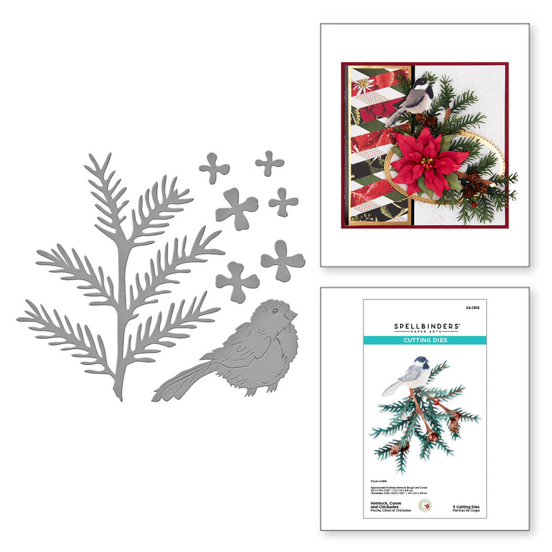 Spellbinders Etched Die Set - Hemlock, Cones, and Chickadees, S4-1305