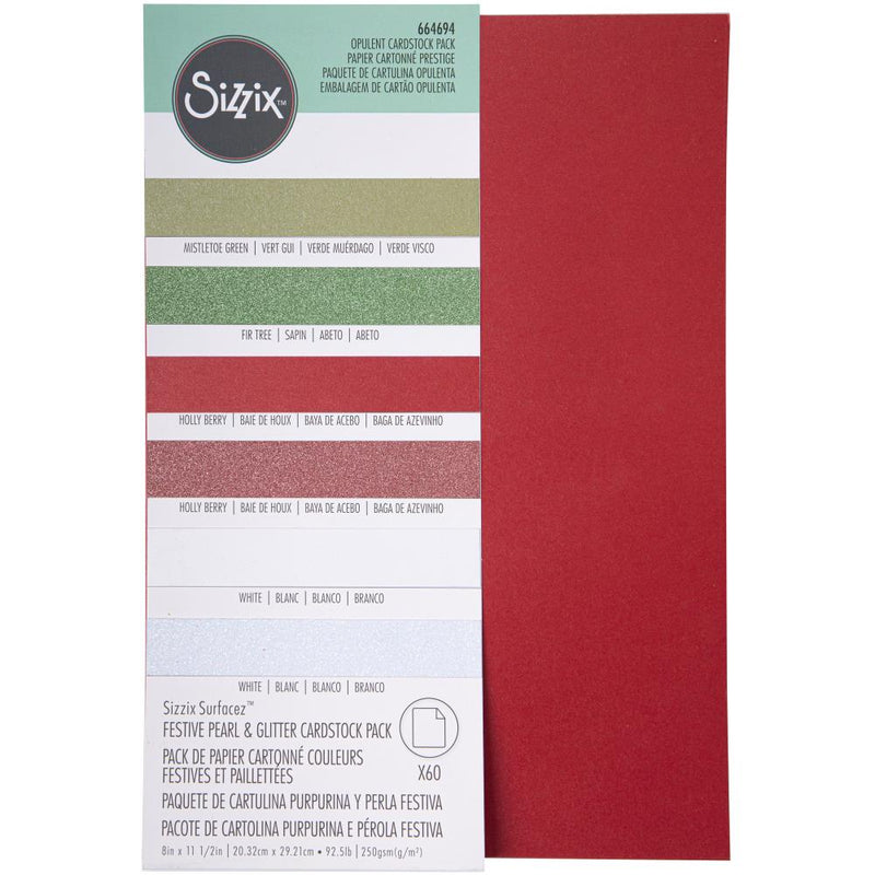 Sizzix Surfacez - Cardstock, 8x11.50 60Pc -  Festive Pearl & Glitter Pack, 664694