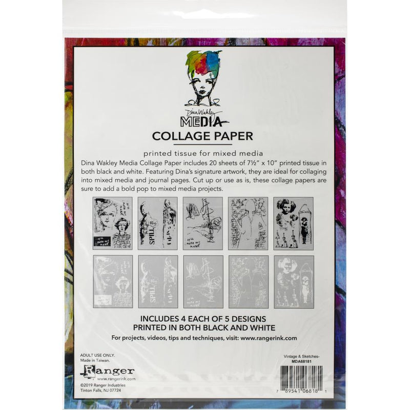 Dina Wakley MEdia Collage Paper 7.5"X10" 20Pc - Vintage & Sketches, MDA68181