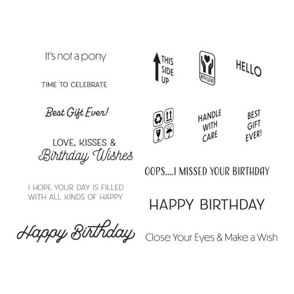 Spellbinders Stamp Set - Birthday Unboxing Sentiments, STP-117